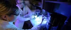 Crim Students in lab dusting for fingerprints