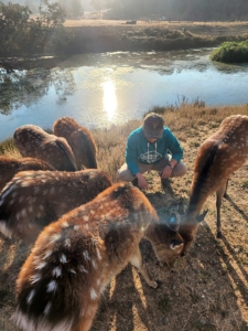 Sophia with group of Deer at a Stream