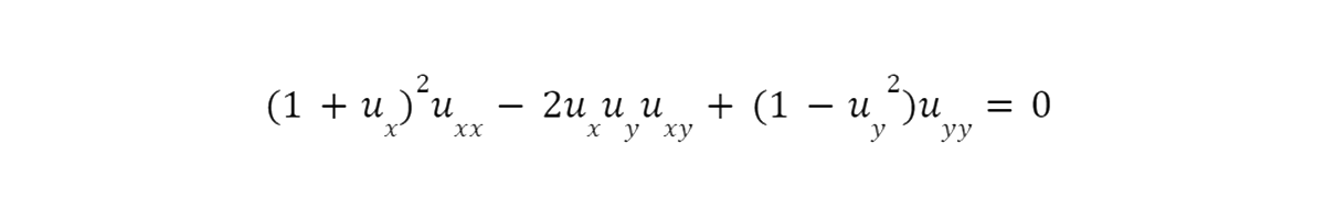 Equation in basic form: (1 + ux2)uxx -2uxuyuxy + (1-uy2)uyy = 0