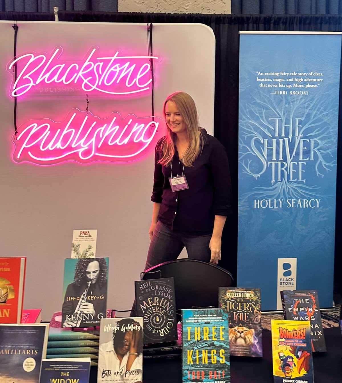 Holly Searcy showing off her first novel at Blackstone