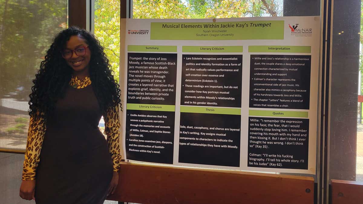 Nylah Winchester presenting a project from ENG 447D at the SOU Creativity Conference this spring